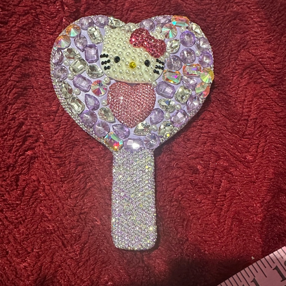 Heart Shaped Purple Kitty Hand Mirror W/Rhinestones